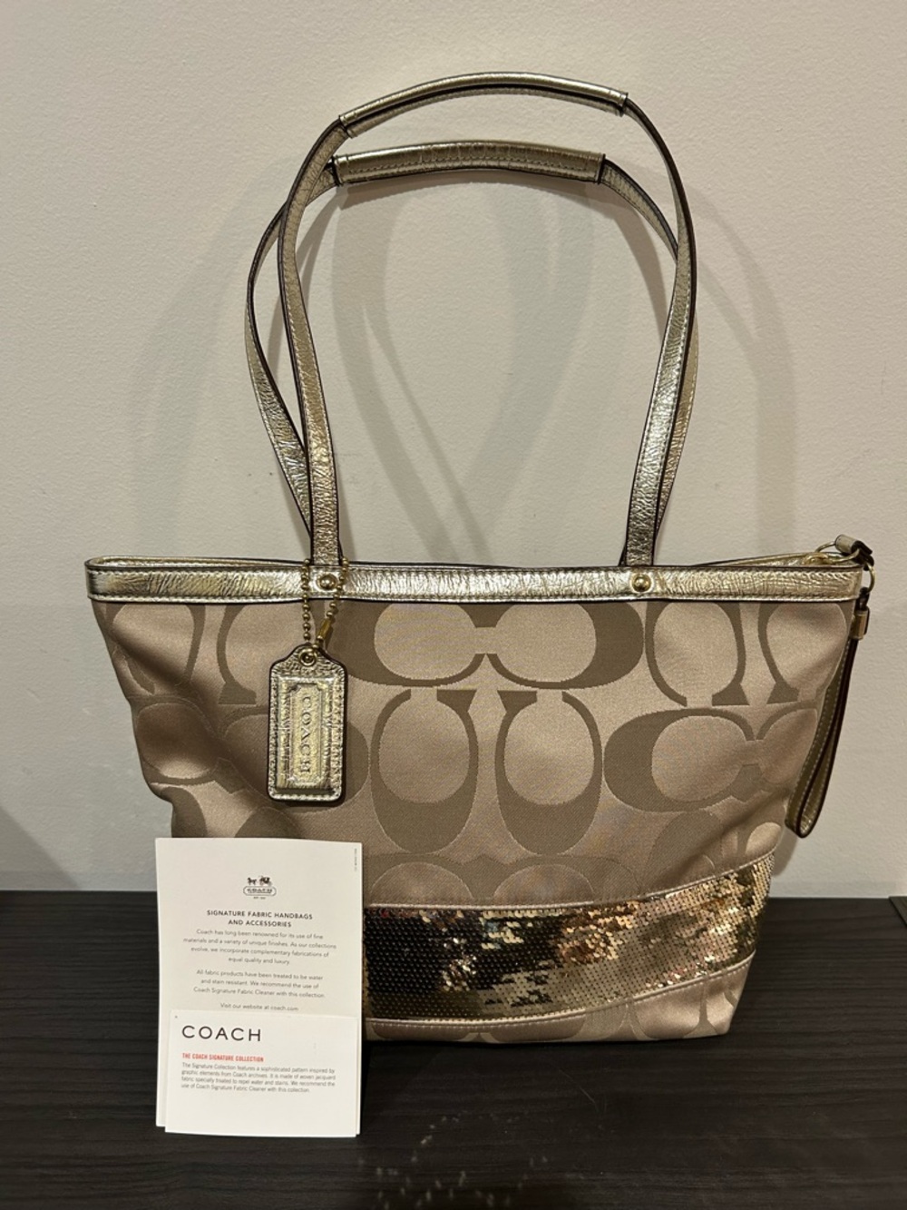 Coach Signature Stripe Tote Bag with metallic gold sequin accents EUC - Picture 3 of 13